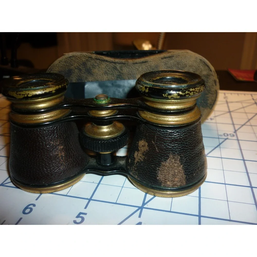 Antique Brass Leather Opera Glasses Victorian Theater Binoculars Blue Satin Case